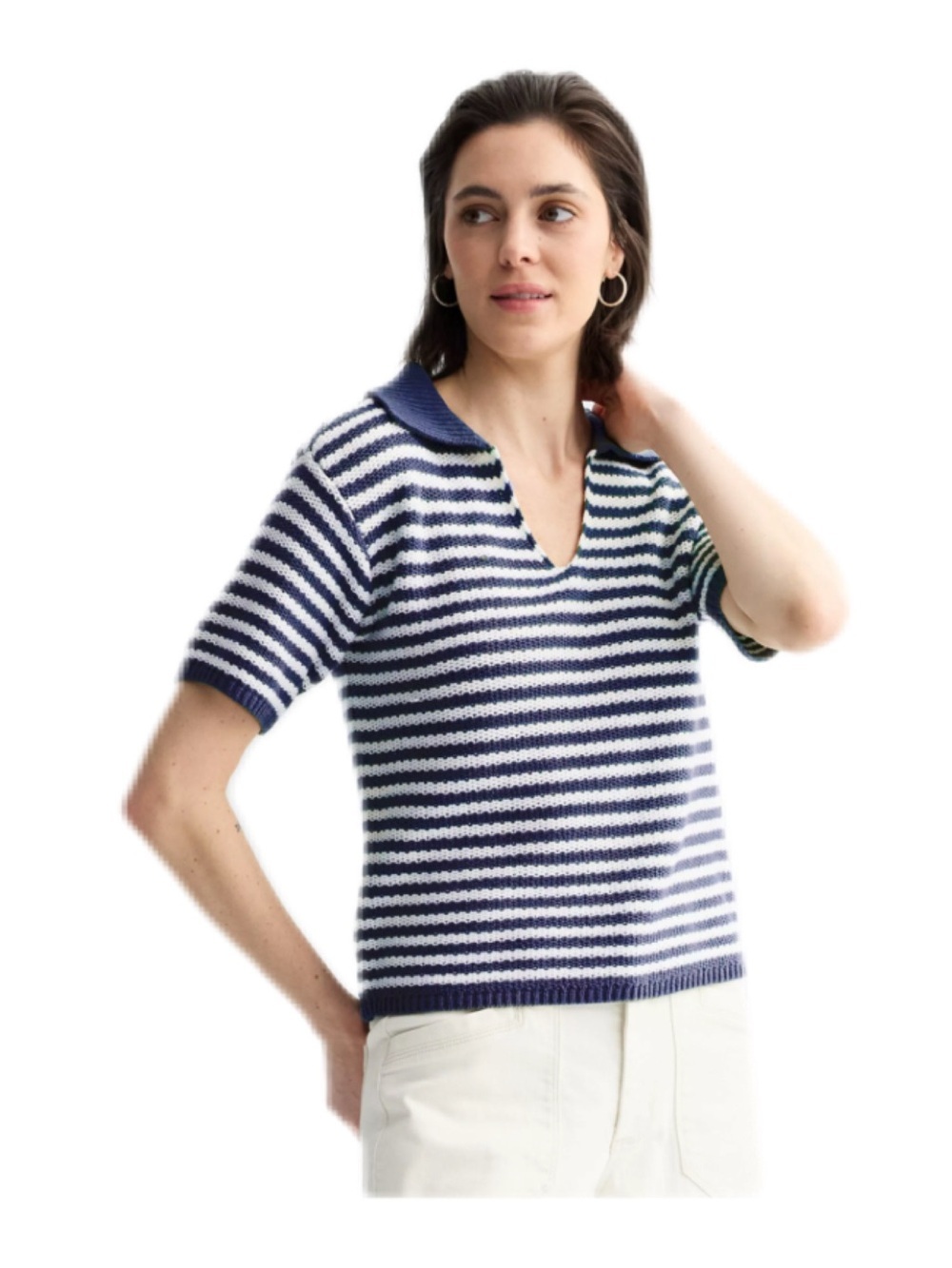 Sonoma Goods for Life Navy and White Striped Short-Sleeve Collared Sweater